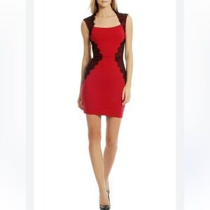 ERIN By Erin Fetherston Sheath Red dress with black lace sweetheart neckline 6